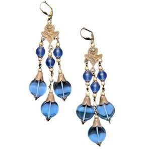 Antique Art Nouveau Alphonse Mucha Lady Cobalt Blue Glass Chandelier Earrings